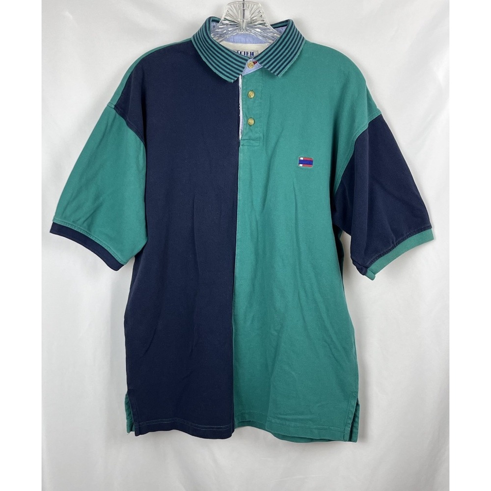 Vintage Pacific Scene Colorblock Polo Shirt Large Green Navy‎ 90s Nautical Surf